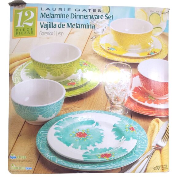 Laurie Gates 12-Piece Melamine Dinnerware Set Summer Floral Bright - Picture 1 of 9
